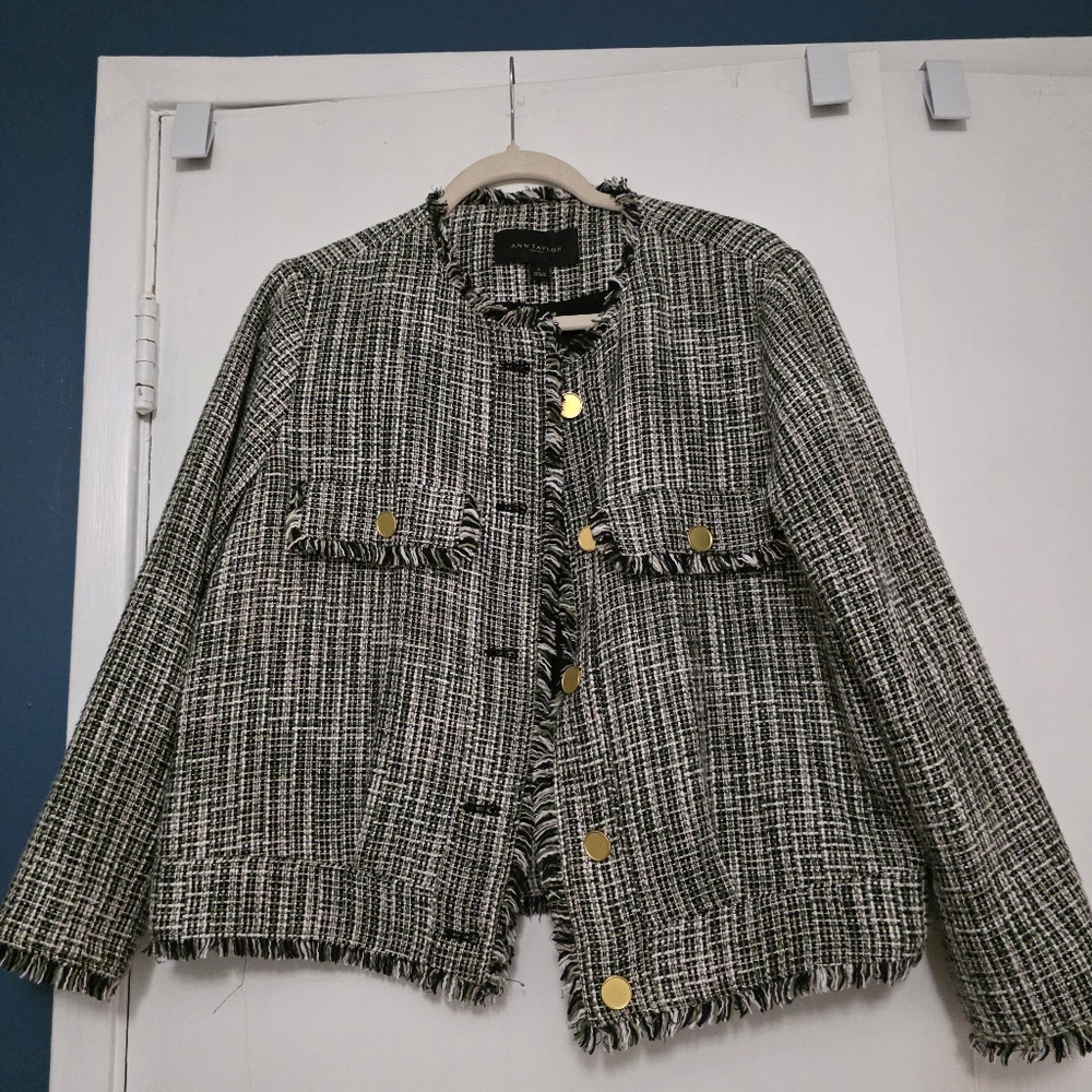 Ann Taylor Factory Green, Black and White Tweed Jacket with Gold Buttons